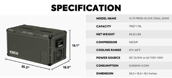 VL75ProD Olive 12V Heavy Duty Fridge Freezer | ICECO | 75 LT